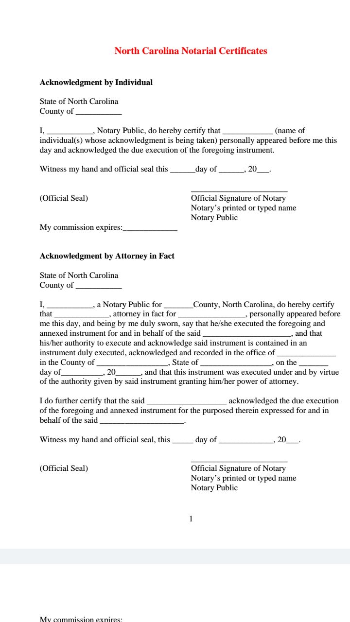 NC sample notarial certificates