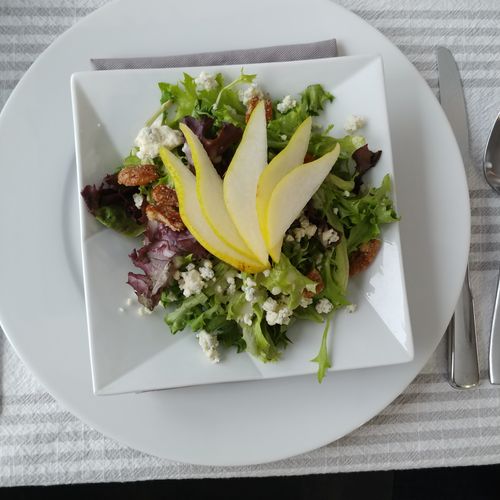 pear salad: mixed greens, gorgonzola cheese, candi