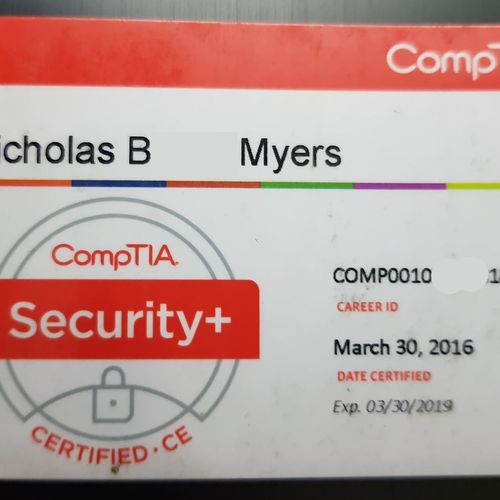 CompTia Security  Certified. part of ID# blocked f