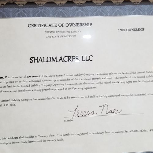 Business Liscense for Shalom Acres.