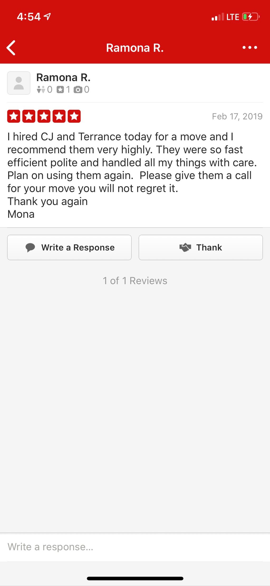 A yelp review from a awesome customer on 2/17/2019