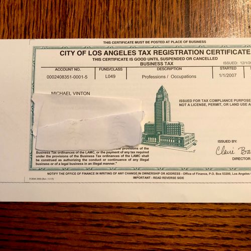 Business license from the city of Los Angeles 
