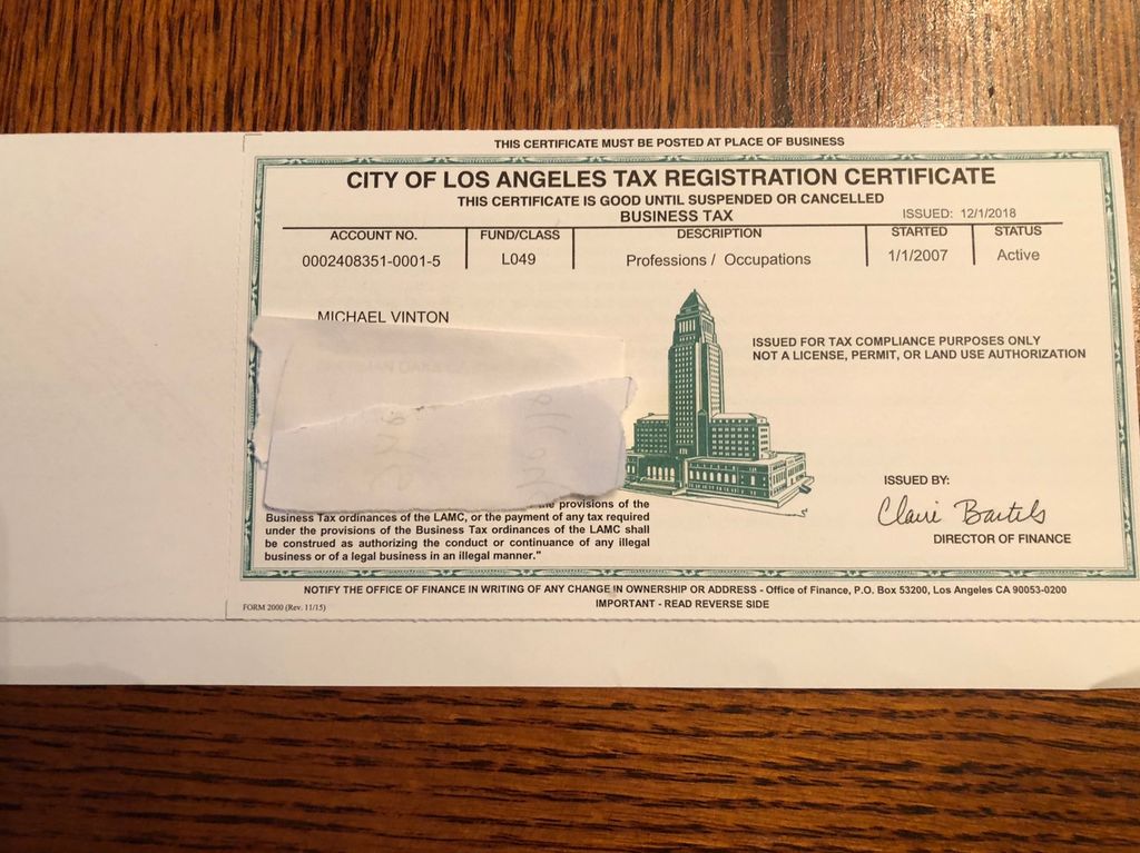 Business license from the city of Los Angeles 