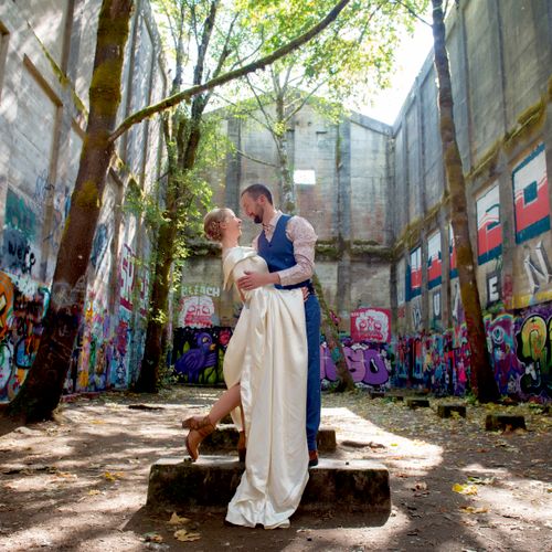 Wedding day portraits in an abandoned old mill cov
