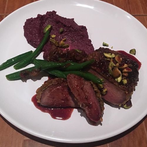 Pistachio-Encrusted Duck Breast with Shallot Jus, 