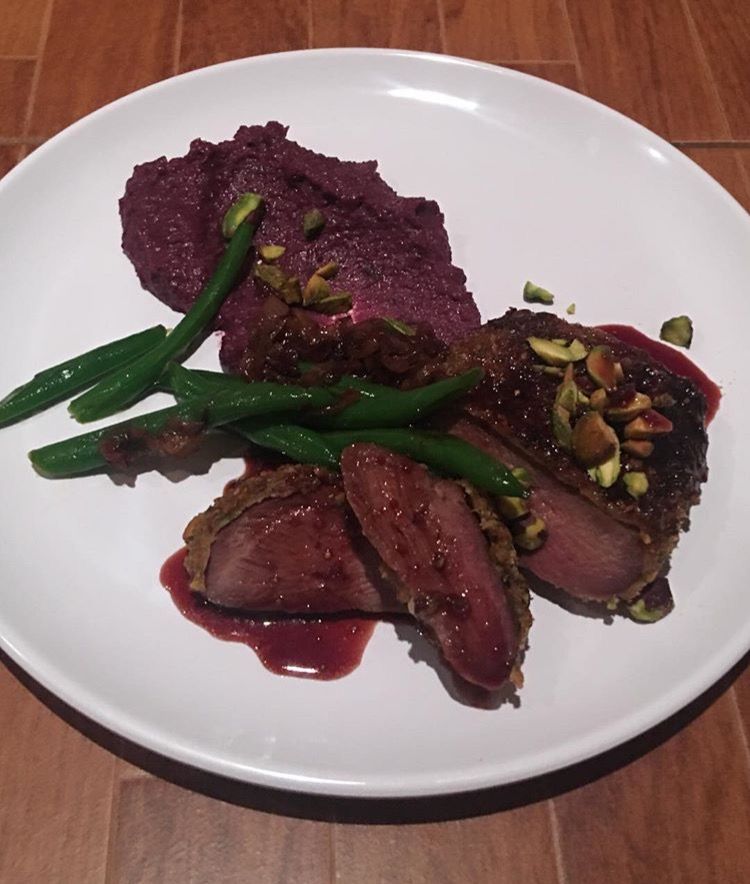 Pistachio-Encrusted Duck Breast with Shallot Jus, 