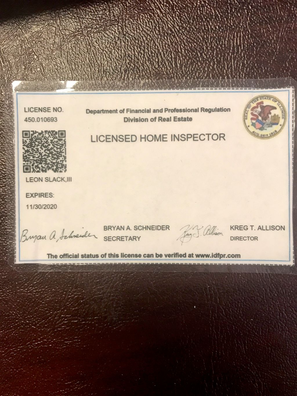 My Illinois State Home Inspection license