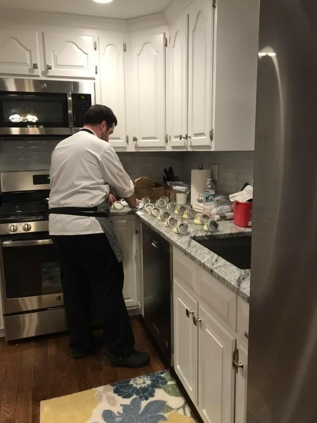 plating creme brulee at dinner party for 13