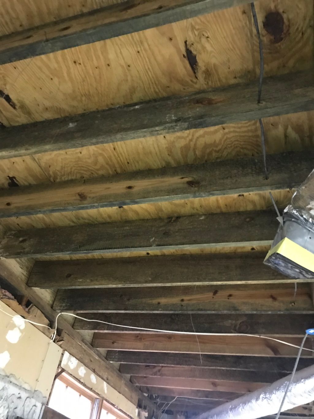 Cleaning floor joist in a basement before pic.