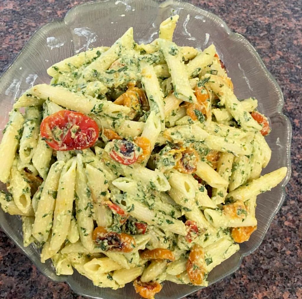 Vegan Pesto Pasta with Oven Roasted Tomatoes