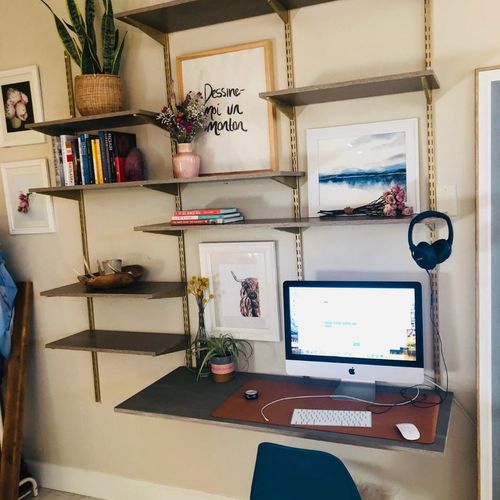 Wall mounted floating desk and shelves