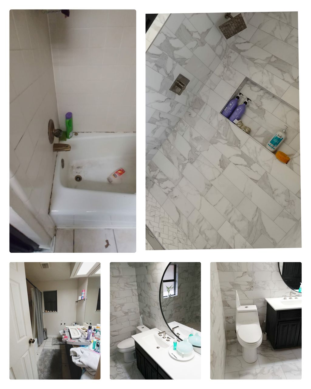 Showertub converted into shower.  Tiled flooring a
