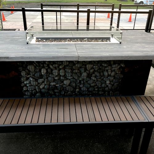 Outdoor concrete tables with fire burner