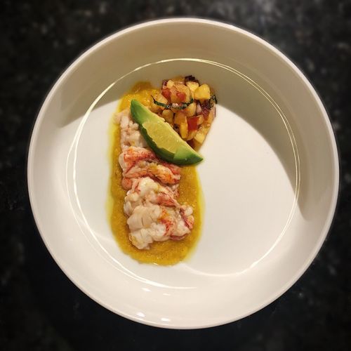 Lobster civiche over a golden beet purée with a sw