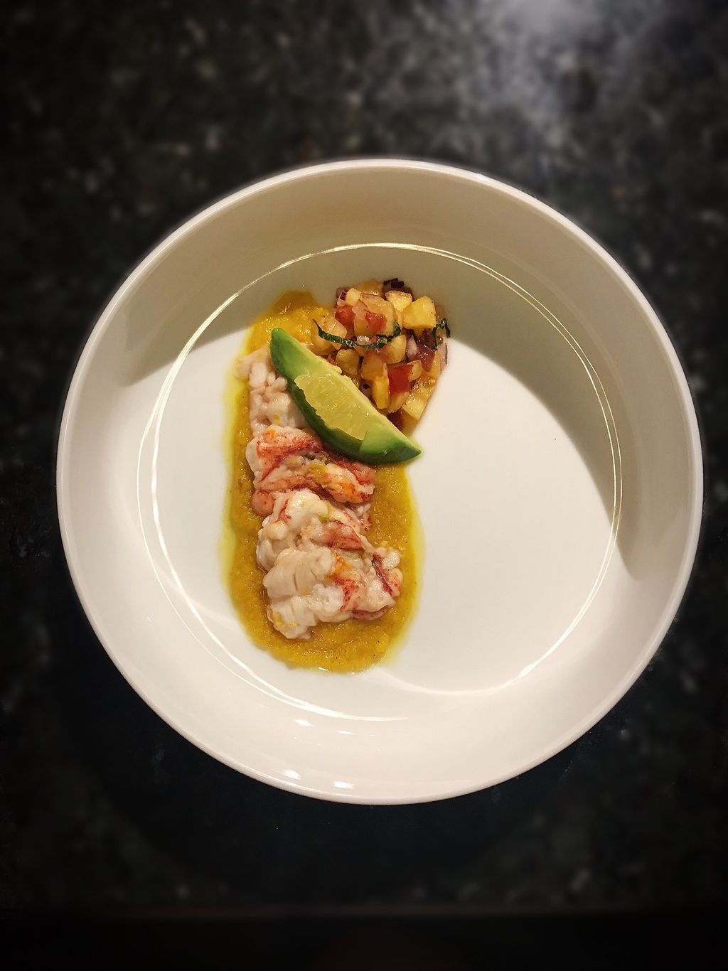 Lobster civiche over a golden beet purée with a sw