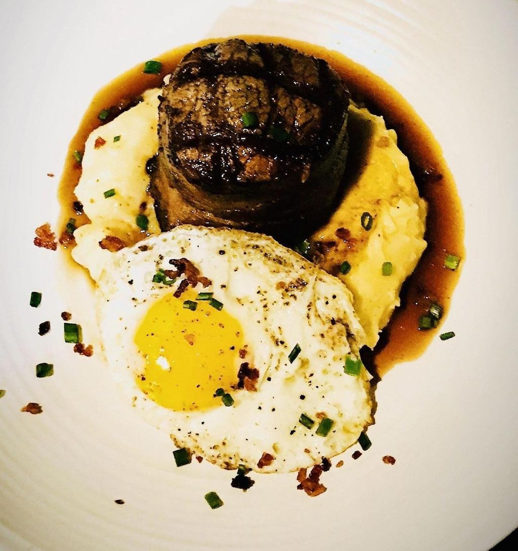 Grilled prosciutto wrapped filet over garlic mash 
