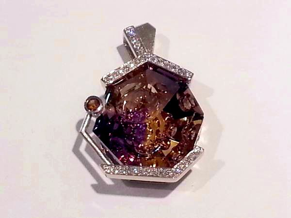 Custom cut Ametrine with diamonds set in white gol