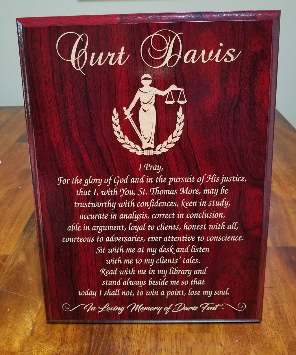 Engraved Lawyer's Prayer Plaque