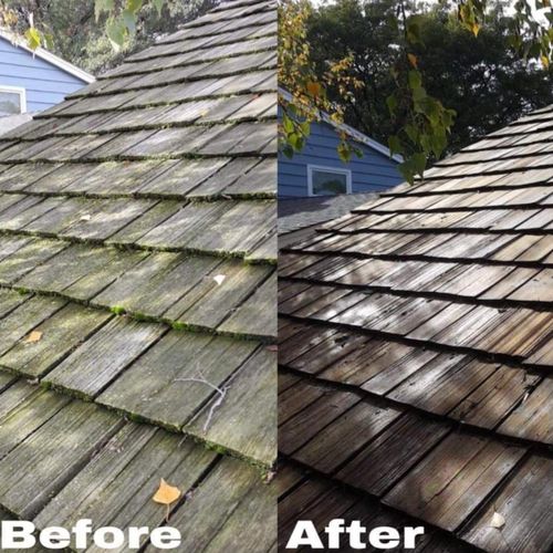 Cedar roof cleaning. Very old cedar delicately cle