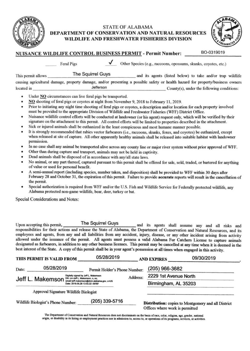 Nuisance wildlife control business permit