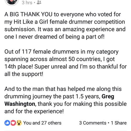 Drumming Student Acknowledgement