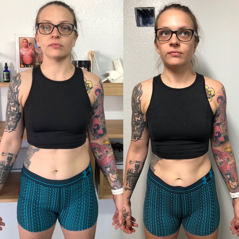 12 weeks- down 12 lbs, 3% BF, 2.5” around her wais