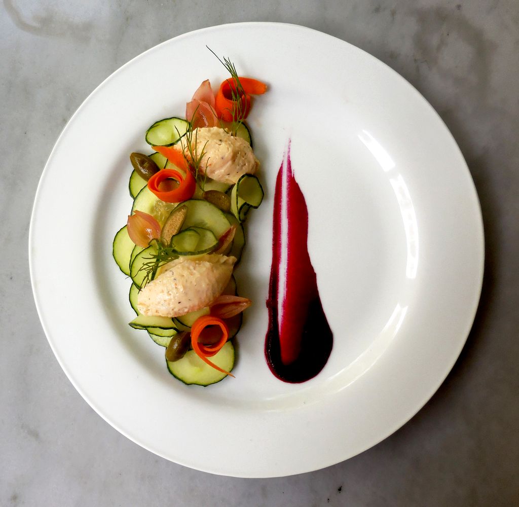 Salmon Mousse with English Cucumber, Citrus Oil, P