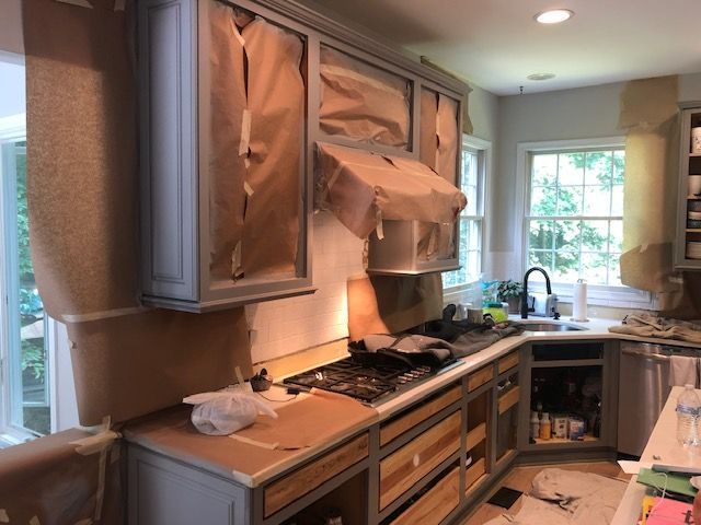 Kitchen masked and taped forspraying with medium g