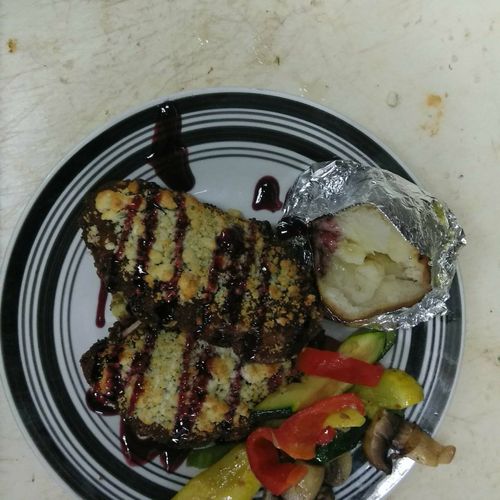 Blue Rasberry Grilled Pork Chops topped with crumb