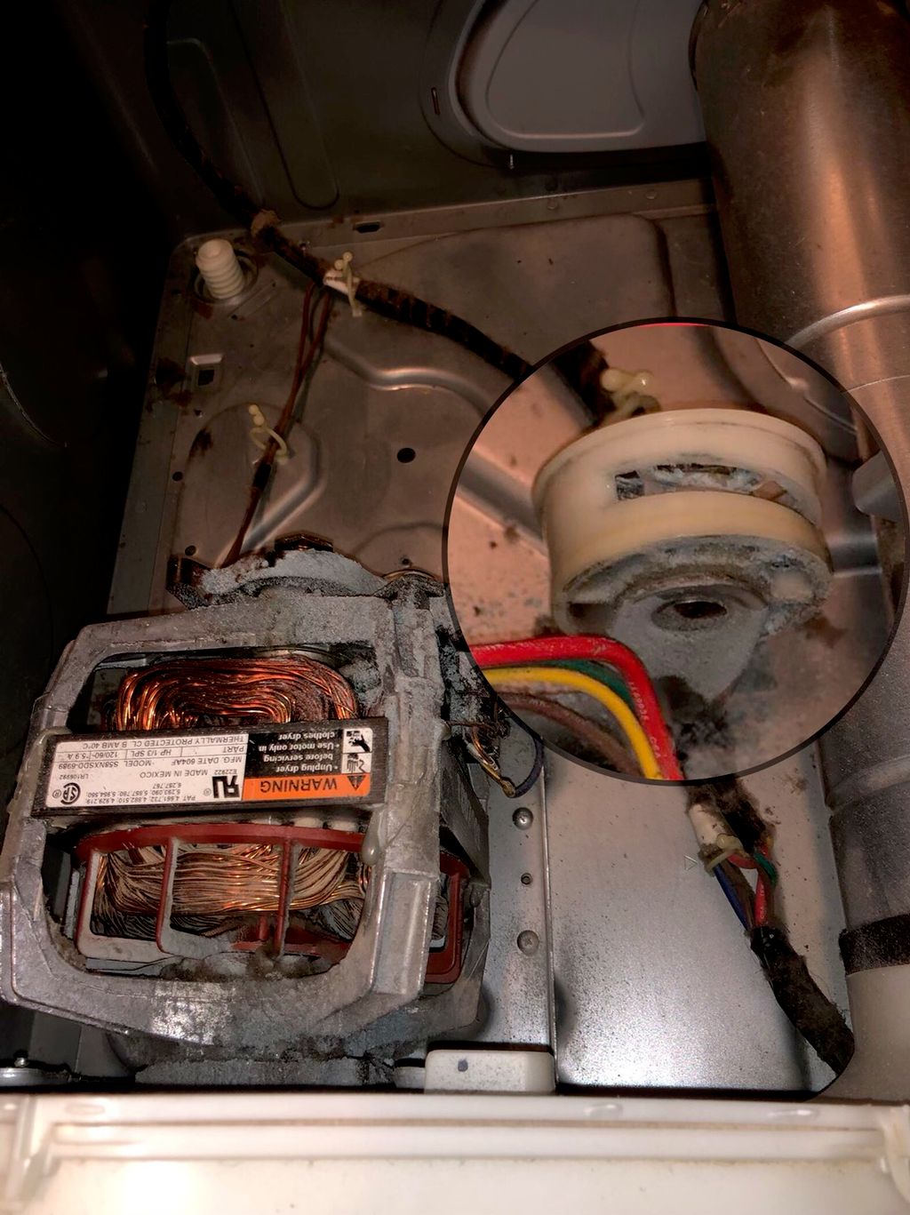 Failed tensioner pulley in dryer causing the unit 