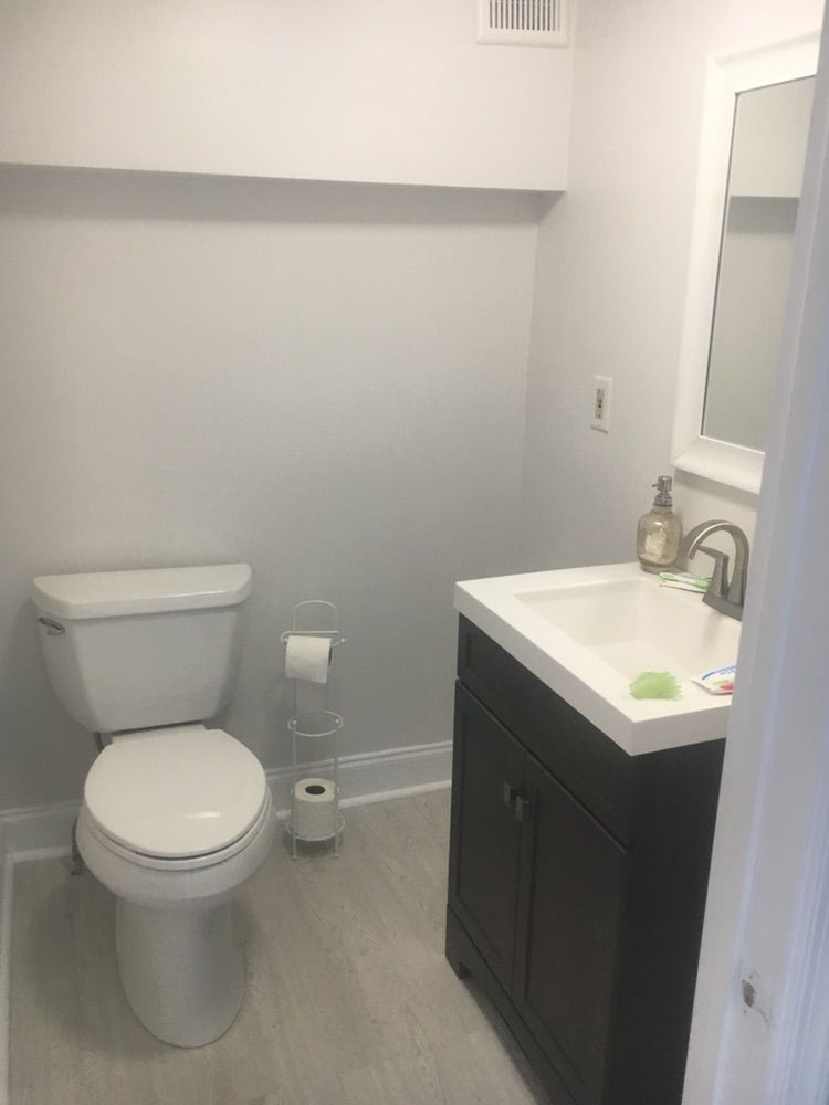 Small bathroom remodel, new flooring, baseboard, t
