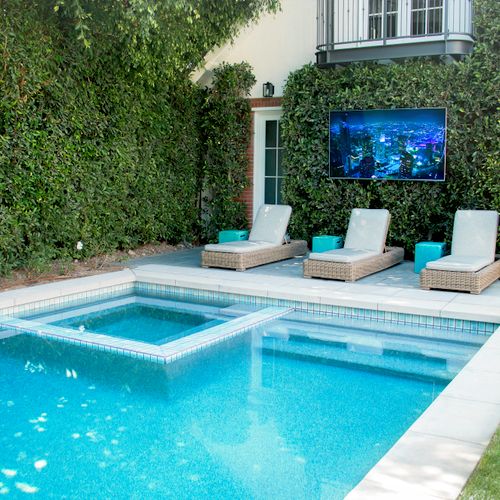 Poolside weatherproof audio system and television 
