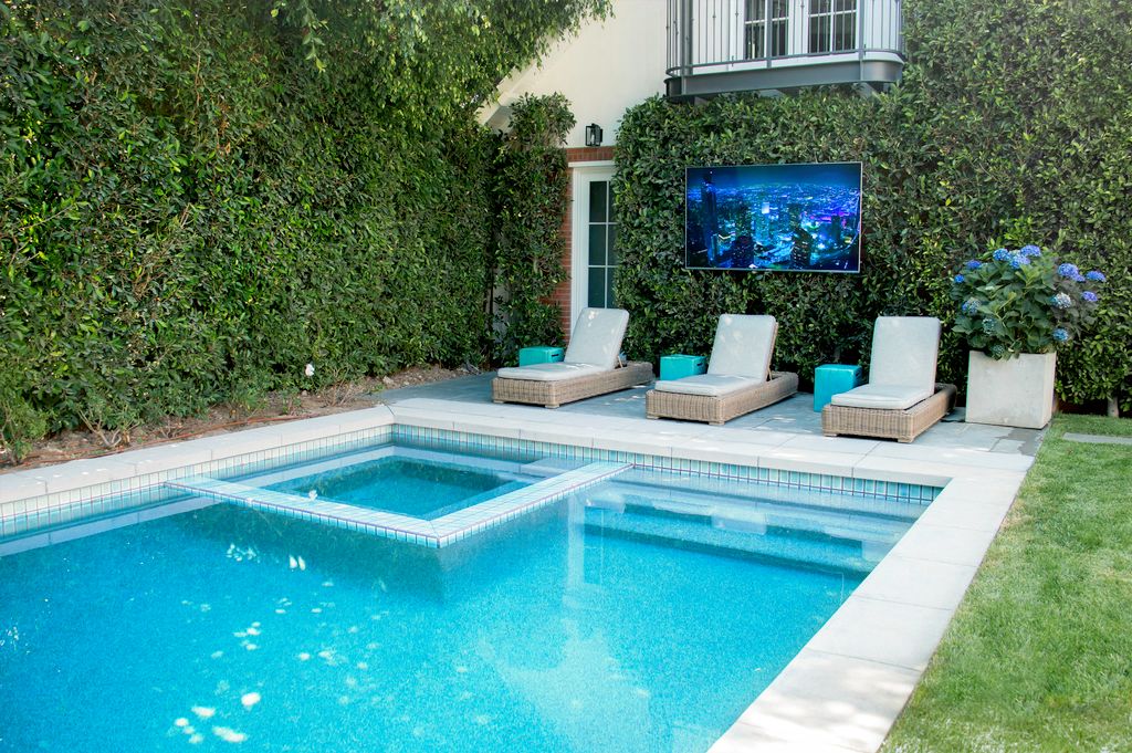 Poolside weatherproof audio system and television 
