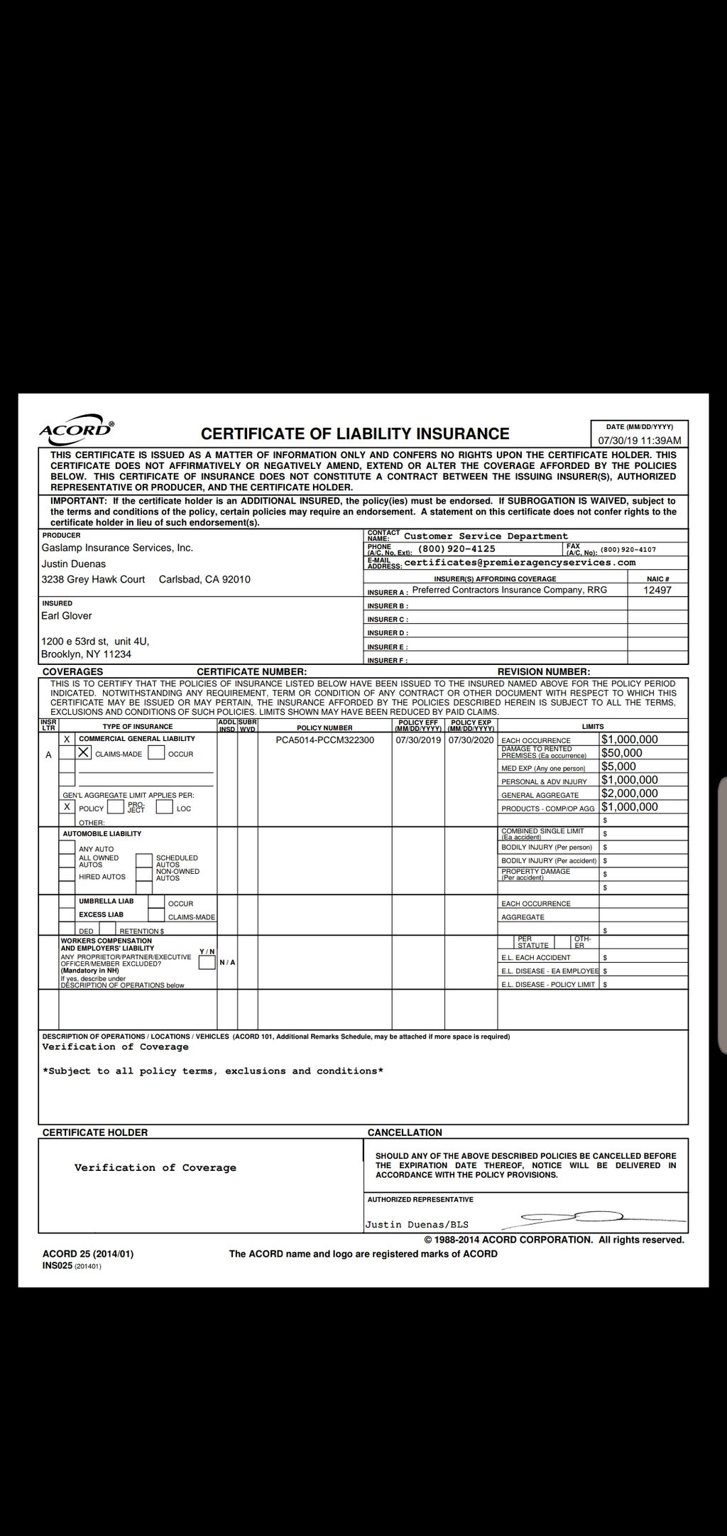 Insured bonded C of I