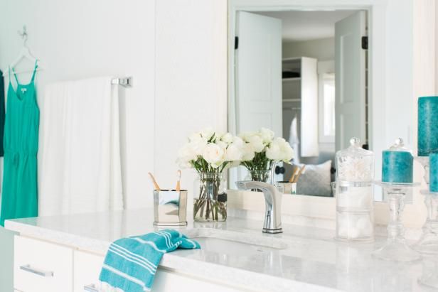 A clean, colorful bathroom area makes getting read