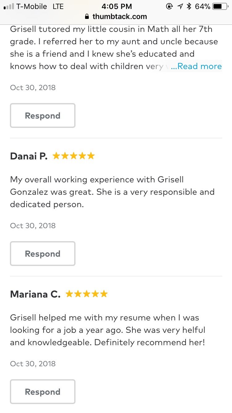 Previous reviews on Thumbtack.