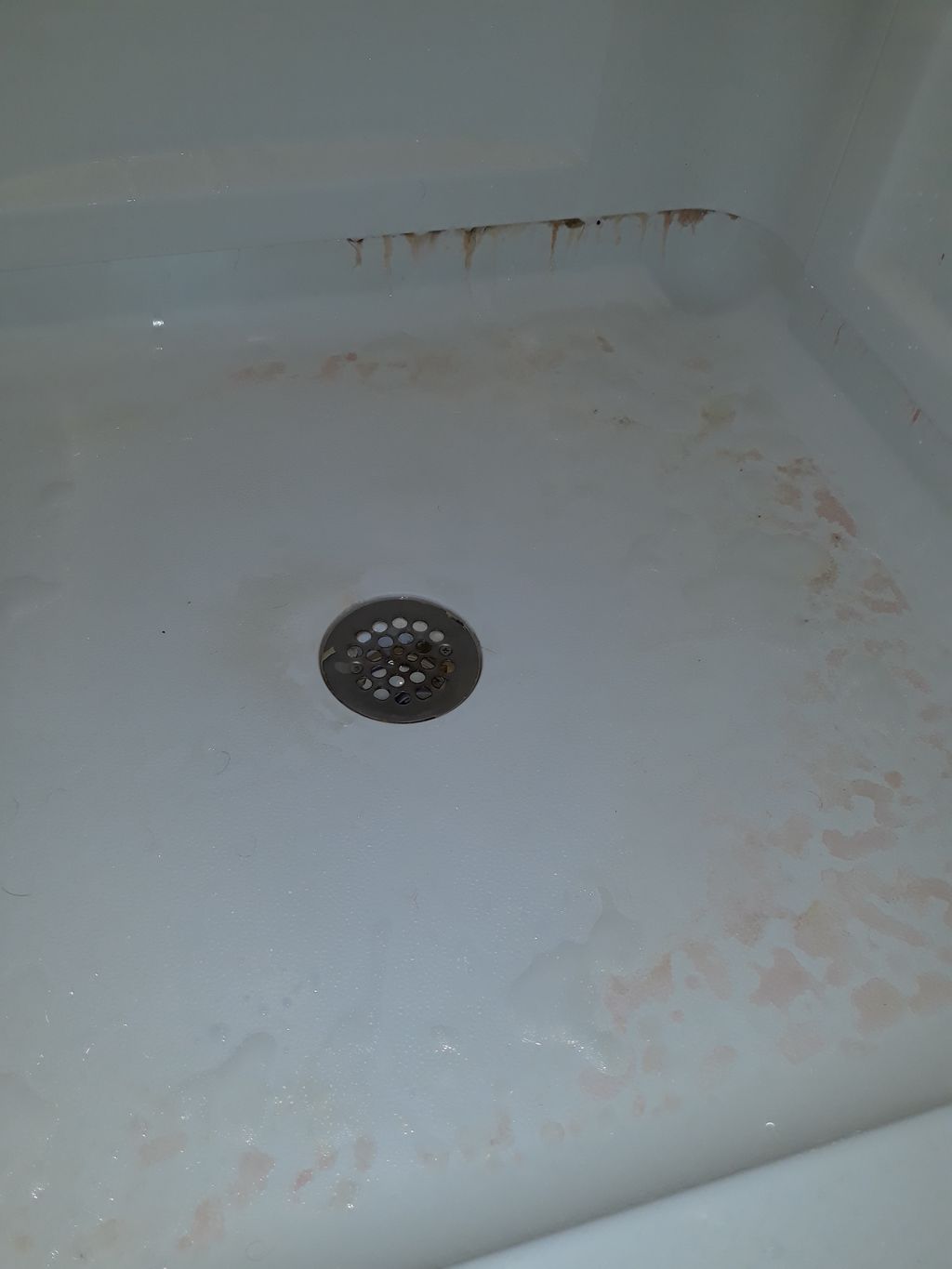 Before. Soap scum and debris in shower