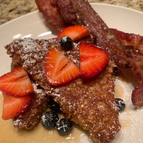 Frosted Flake Crusted French Toast, Jerk Bacon, Brown Butter Maple Syrup