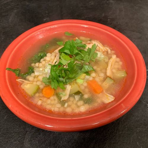 Lemon chicken soup with pearled couscous
