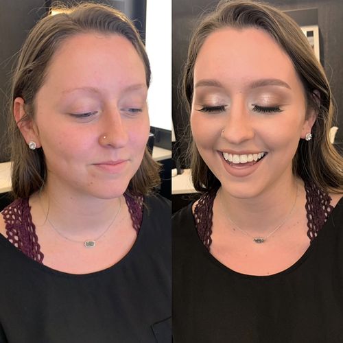 Before and after of a soft glam look with brow cor