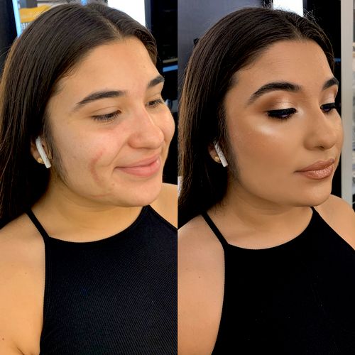 before and after of a soft glam look