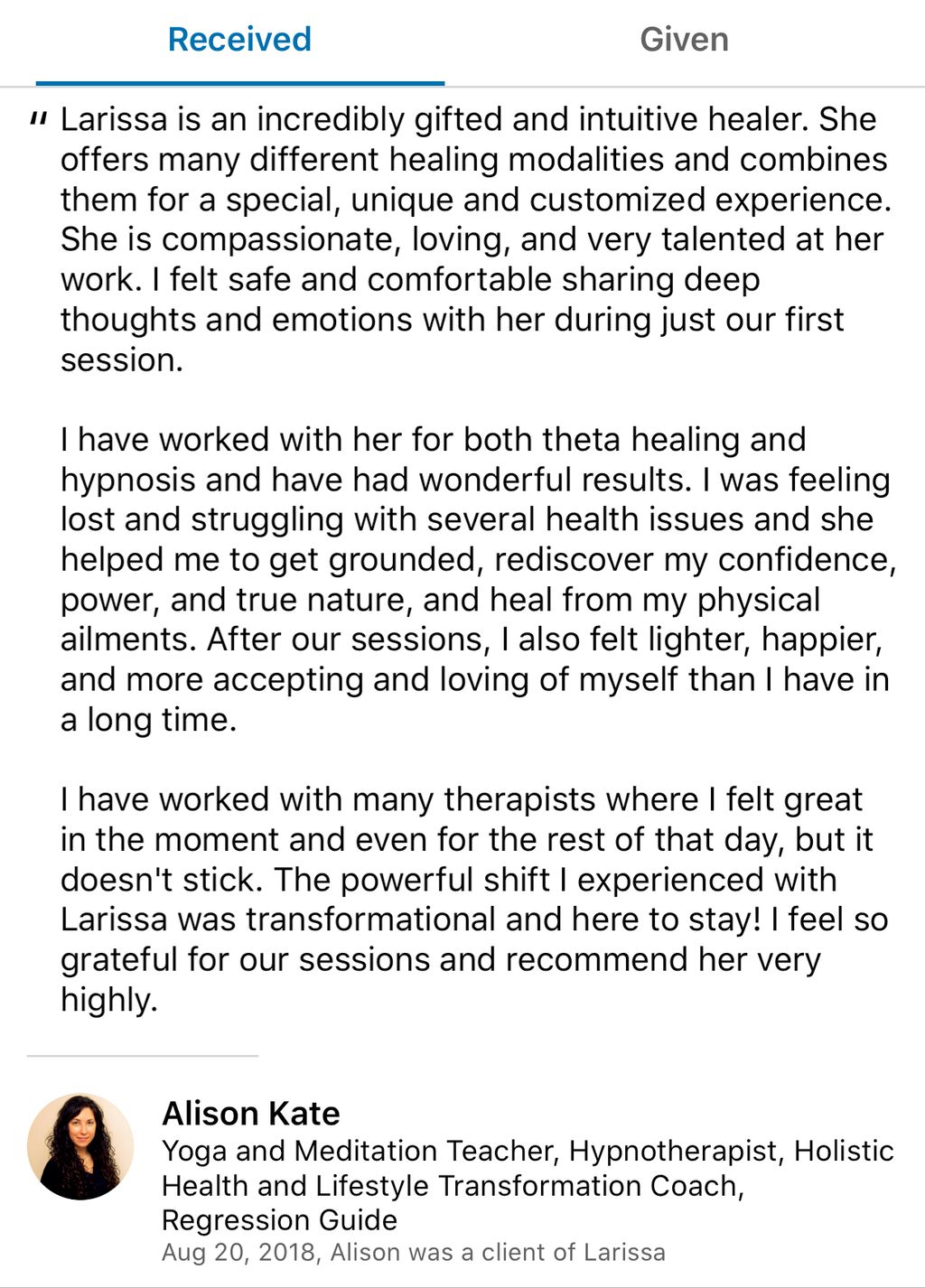 Online Session for a client in New York