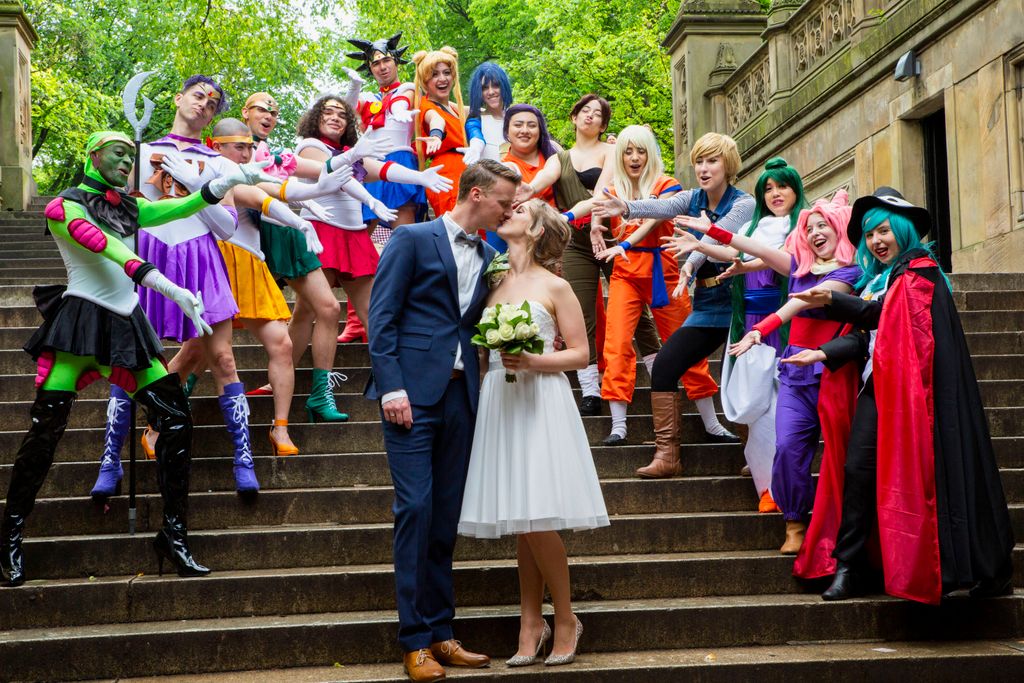 Engagement photo with costumed characters 