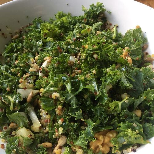 Kale salad with soaked sunflower seeds and walnuts