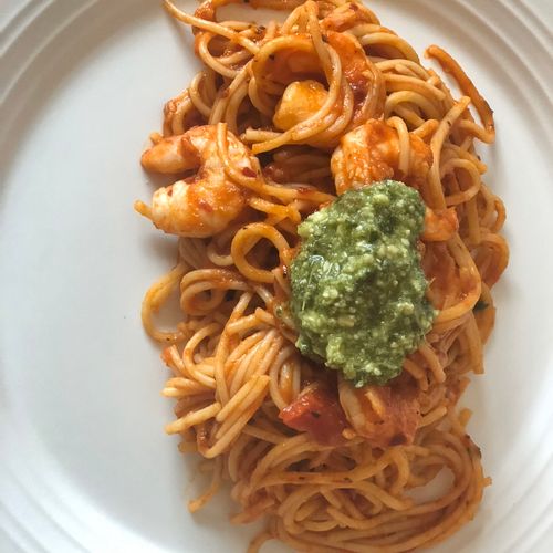 Spicy Shrimp Pasta topped w/ Pesto