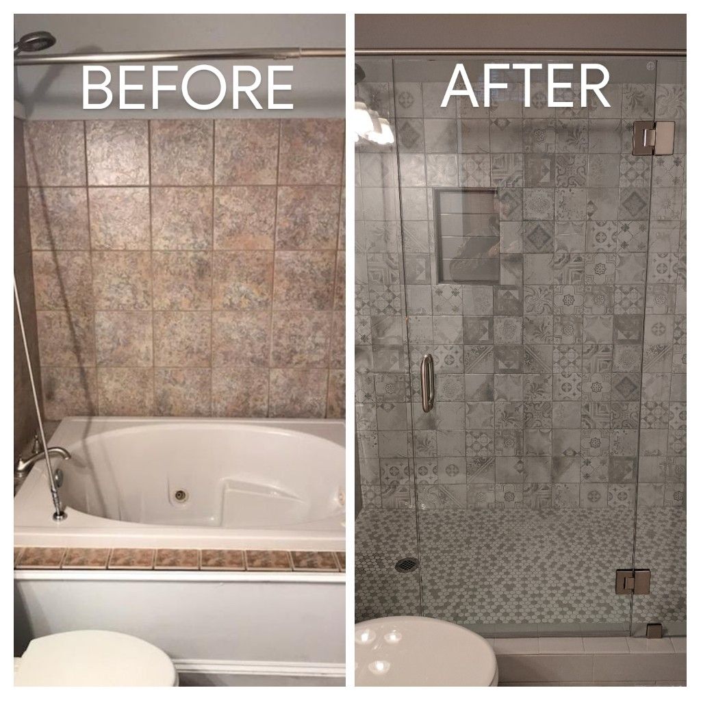Outdated tub tuned in to modern Walk in Shower