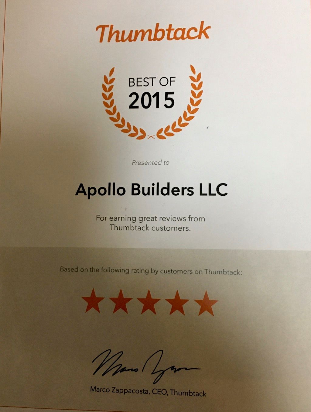 2015 Thumbtack Award After Our First Year