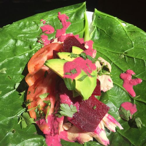 Collard Wraps with Local Chicken and Beet Tahini D