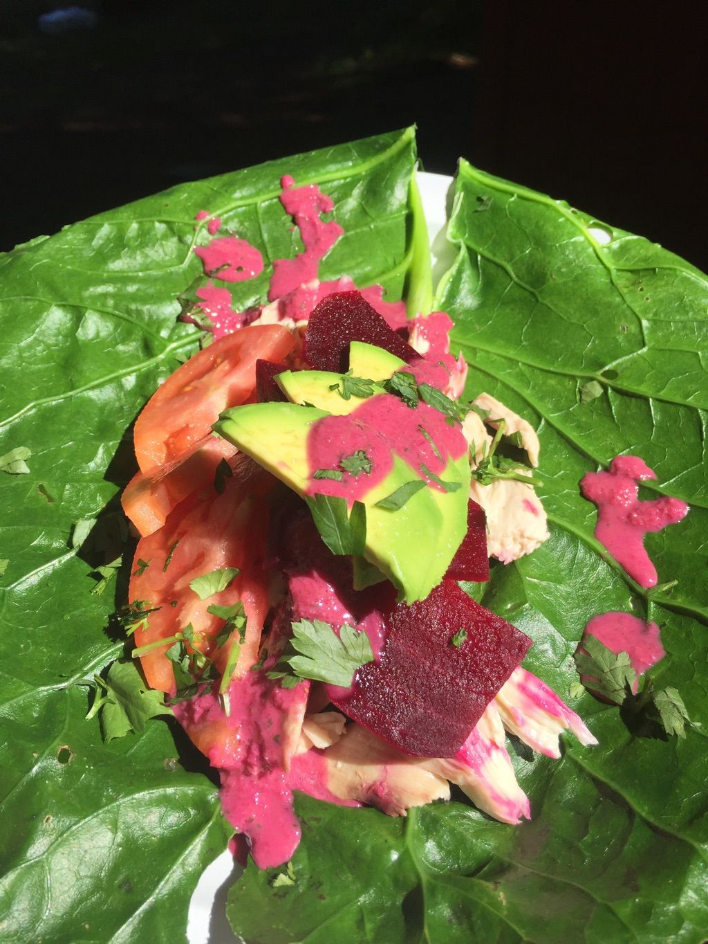 Collard Wraps with Local Chicken and Beet Tahini D