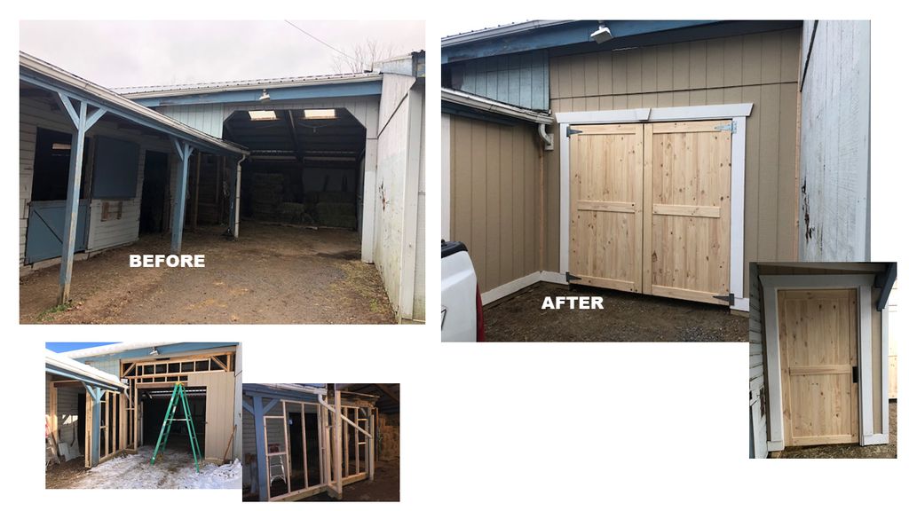 Frame, trim and install 3 door slabs in barn.